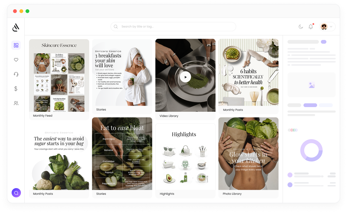 High content dashboard with collections, stories, videos, and analytics
